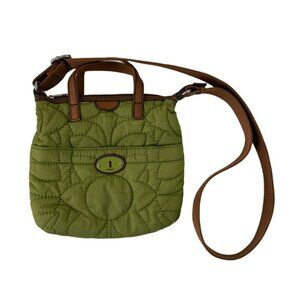 Vintage Fossil Bag Quilted Moss Green Trimmed In Cow Hide Leather